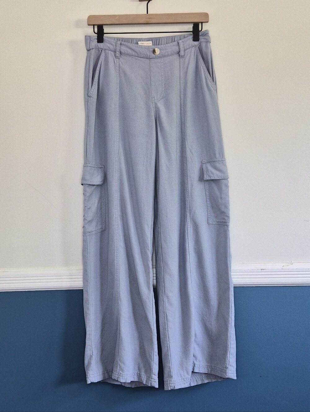 Sincerely Jules Light Blue Linen Blend Cargo Wide Leg Pants Size Small - Picture 3 of 13